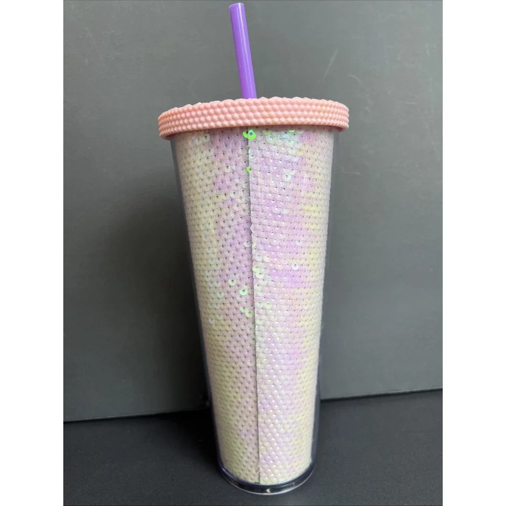 Starbucks 2020 Holiday White Pink Sequins Scales 24oz Venti Cold Cup Tumbler EUC